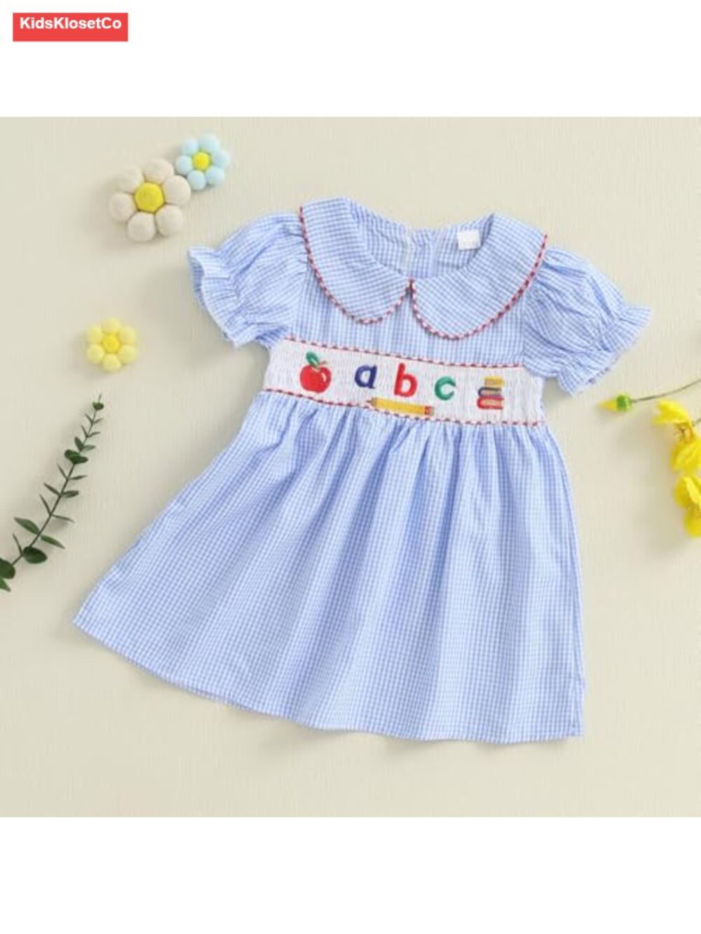 Toddler Girl Back to School Dress Plaid Embroidery Puff Sleeve Smocked - Picture 4 of 6